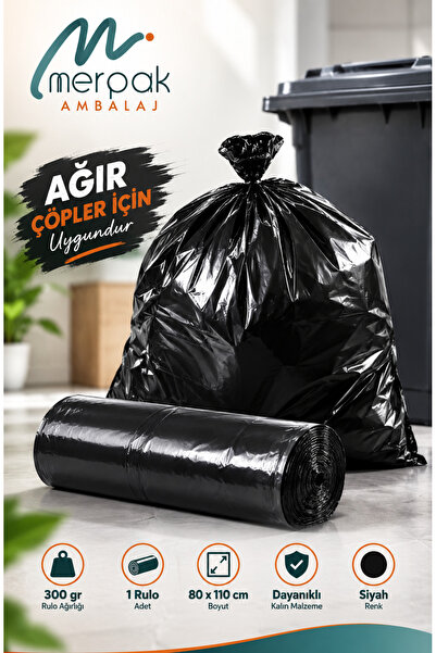 Kalın Çöp Torbası 10'lu Boy 300 Gr X 1 Rulo Siyah Çöp Poşeti 80x110 Cm