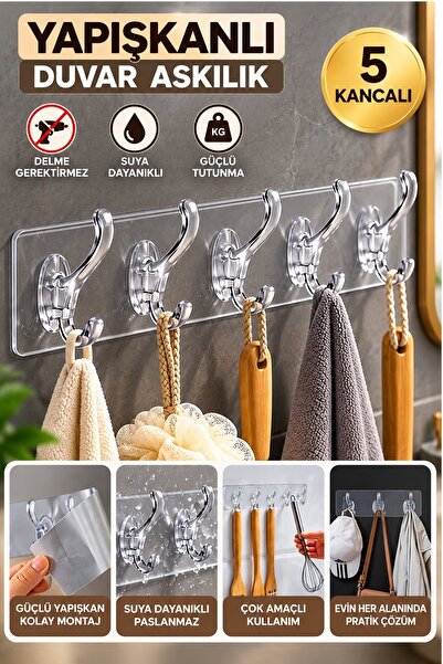 Kitchen Beauty 5'li Yapışkanlı Şeffaf Duvar Askısı Banyo Mutfak Düzenleyici A...
