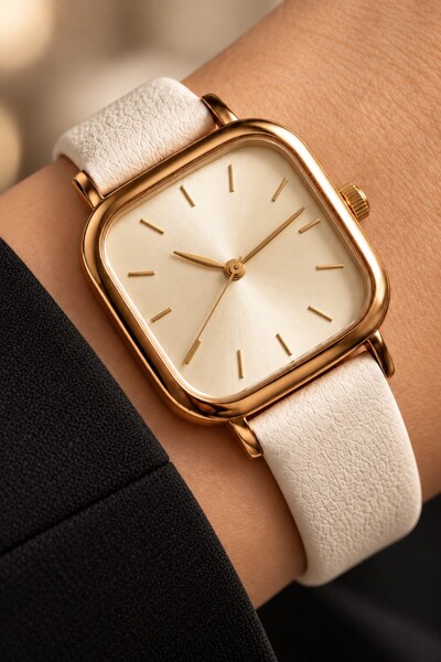 Leerybee Zarif Kadın Kol Saati Kasa Kare Kadran Beyaz Deri Kordon Minimal Hed...