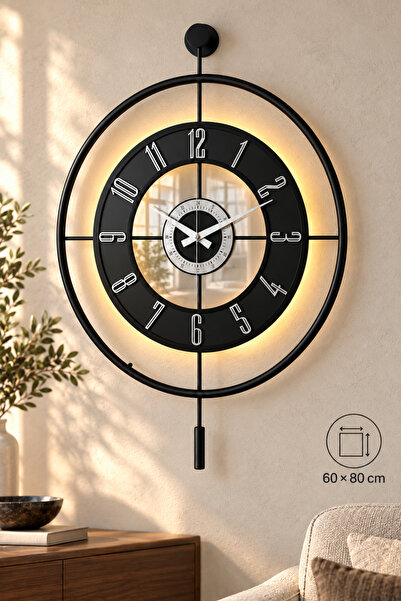 Pey Aksesuar Metal Camlı Duvar Saati (60X80 CM BÜYÜK BOY) Işıklı Gerçek Cam S...