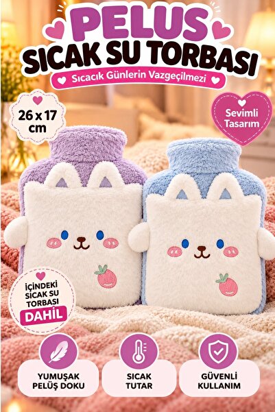 Kitchen Beauty Peluş Kılıflı Çilek Emojili Tavşan Sıcak Su Torbası Cepli El Geçmeli Sıcak Su Torbası El Isıtıcı