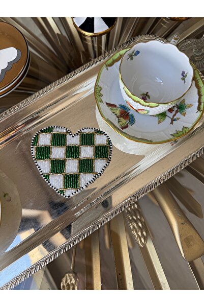 Hatice sakallı design 1 Piece Green and White Checkered Bead Embroidered Coaster