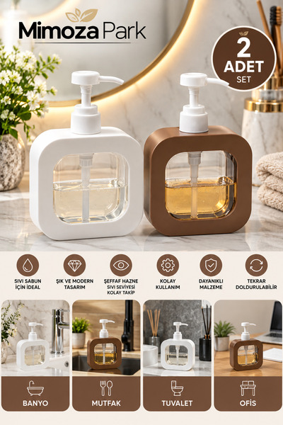 MİMOZA PARK 2 Adet Tezgah Üstü 400 ml Banyo Mutfak Sıvı Sabunluk | Banyo Mutf...