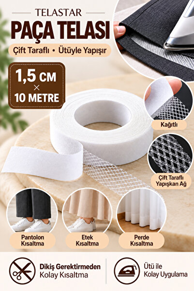 TELASTAR Paça Telası -çift Taraflı Yapışkan Tela 10 Mt - Eni 1.5cm Ütüyle Yap...