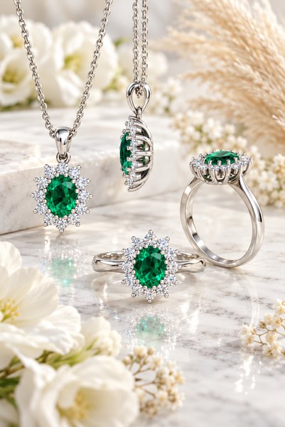 FERMAN TESBİHÇİLİK Zümrüt Set , 925 Ayar Gümüş Set, Pırlanta Model Set , Oval Zümrüt Anturaj Kolye ve Anturaj Yüzük