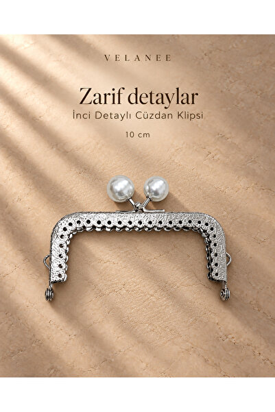 velanee Gümüş Rengi İnci Detaylı Metal Cüzdan Klipsi – 10 cm