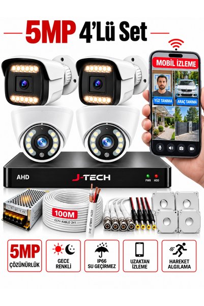 J-TECH 4 lü Akıllı Kamera Seti Renkli Gece Yüz Araç Hareket Algılama 5MP K1028