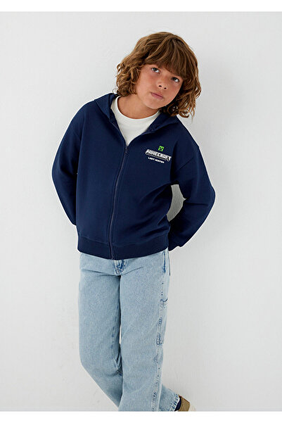 Mavi M6S10187 Minecraft Baskılı Fermuarlı Kapüşonlu Çocuk Sweatshirt LACİVERT