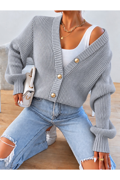 moda mh ÖRGÜ DESENLİ DÜĞMELİ BALON KOL DETAYLI TRİKO HIRKA
