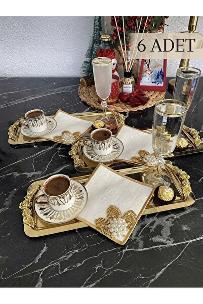 Elzemm store PARLAK GOLD 6 ADET DİKDÖRTGEN KULPLU MODEL SERVİS VE SUNUM TEPSİSİ