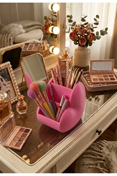 Kalp Desenli Makyaj Organizer Ve Kalemlik (Pembe)