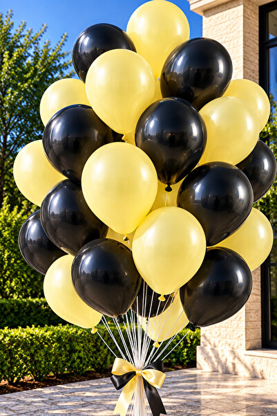 Parti dolabı 25 Metallic (Chick Yellow-Black) Mixed Balloons Flying with Helium