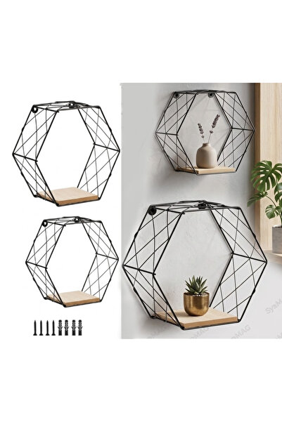 SyaMAG Set 2 rafturi decorative de perete hexagonale, metal și MDF, Dimensiun...