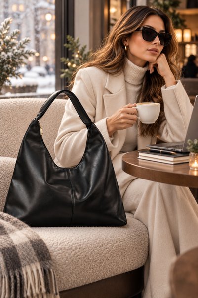 SOHO Original Women's New Season Luxury Soft Leather Large Volume Hobo Trend Zippered Lined Inner Pocket Office College Daily Shopper Non-Slip Shoulder Bag with Comfortable Thick Strap - 48X38Cm