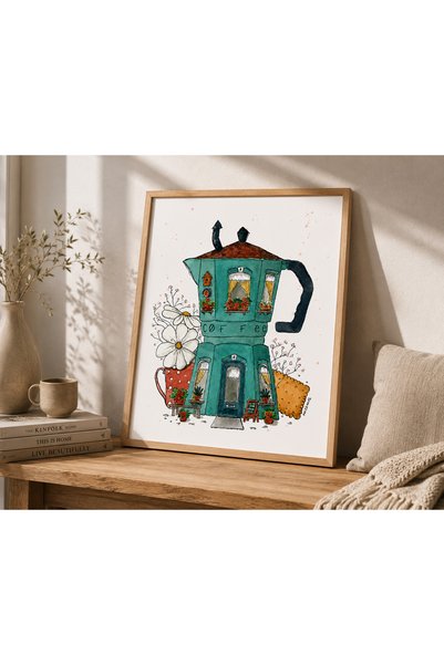Pegziz Retro kafić i moka lonac – Dekorativna slika – Šareni vintage dekor za...