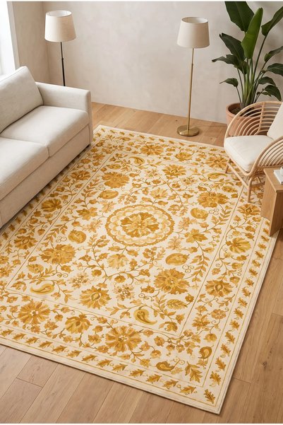 RUGPERA Rovina Krem Hardal Altın Sarısı Floral Sarmaşık Desenli Klasik Vintag...