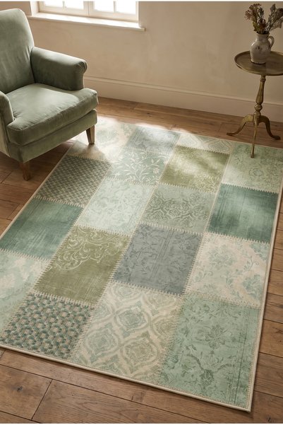 RUGPERA Avena Mint Yeşili Patchwork Salon Halısı Hav ve Toz Yapmayan Kaymaz Y...