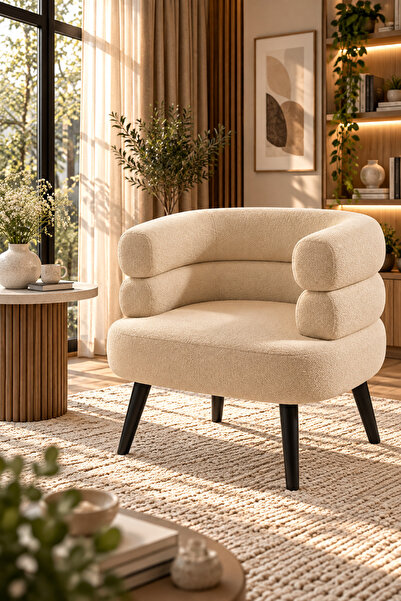 Taimi Modern Beige Boucle Accent Chair, Plush Upholstered Lounge Seat with Bl...