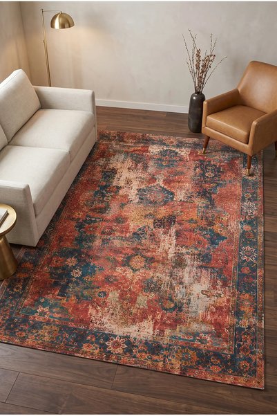 RUGPERA Miran Terracotta Petrol Mavisi Lacivert Vintage Dijital Baskı Yıkanab...
