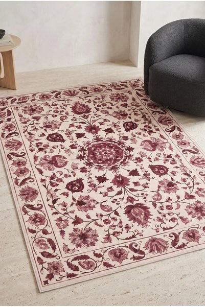 RUGPERA Rovina Krem Bordo Gül Kurusu Floral Madalyon Sarmaşık Desenli Klasik ...