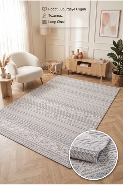 Estiva Home Gri Krem Yumuşak Dokulu Bukle Halı Kilim Salon Mutfak Koridor Yol...