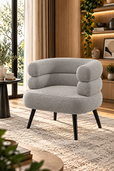 Taimi Modern Grey Boucle Accent Chair, Plush Upholstered Lounge Seat with Bla...