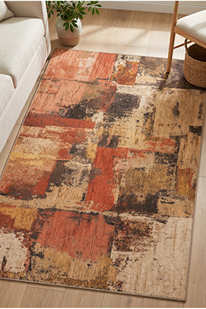 RUGPERA Aldric Kiremit Soyut Patchwork Dijital Baskı Kaymaz Pamuklu Taban Sal...