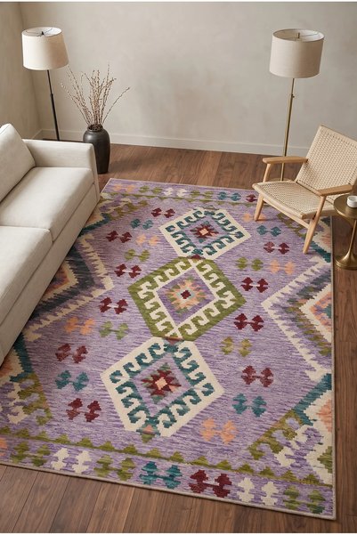 RUGPERA Nerisa Lila Yeşil Krem Geometrik Kilim Desenli Vintage Dijital Baskı ...