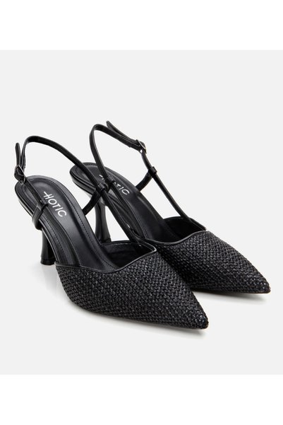 Hotiç Stiletto negru de damă, cu detalii din paie și spatele deschis