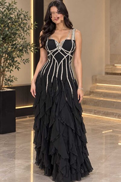 SERA Black Evening Dress with Beaded Crystal