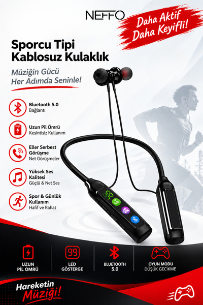 NEFFO 600 Saat Sporcu Bluetooth Kulaklık 5.4 – 2800 mAh LED Göstergeli Boyunl...