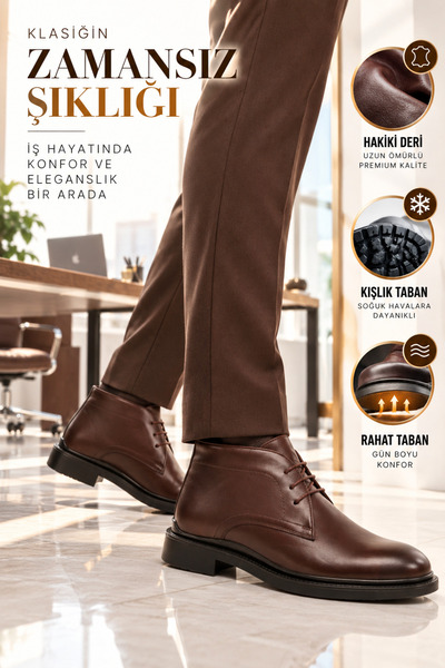 AYAKMOD Brown Lace-Up Genuine Leather Men's Boots Office Boots Classic Men's ...