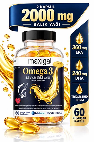 Maxigal Omega 3 Balık Yağı 2000 mg (Trigliserid) Takviye Edici Gıda 60 Kapsül