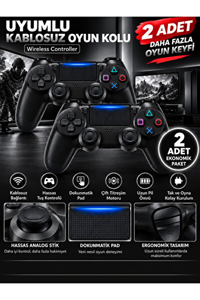 VEROXA Ps4 Uyumlu 2’li Kablosuz Oyun Kolu Dual Titreşimli Dokunmatik Pad