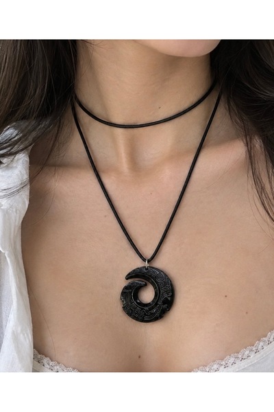 abel jewelry Unisex Obsidyen Taşlı Spiral Y2K Siyah Vortex Uzun Kolye