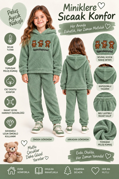 AHENGİM Girl's Plush Tracksuit Set with Hooded Teddy Bear Pattern, 2-Piece Warm Winter Set Ak4131