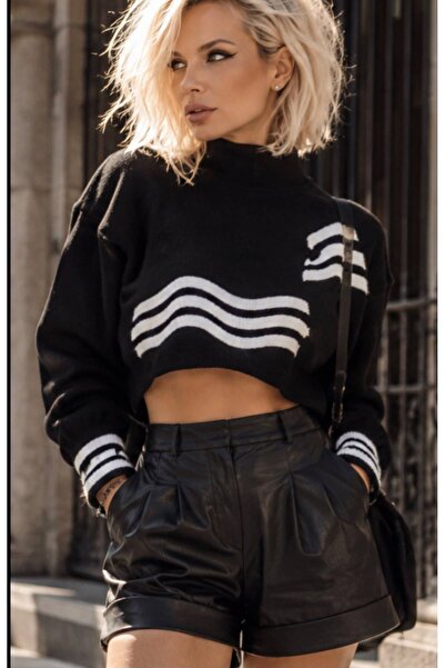 ibeeka New Season Women's Clothing Crop Black and White Color Striped Knitwea...