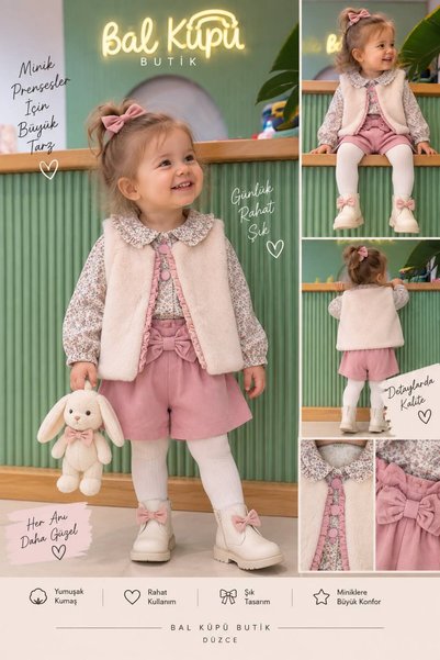 Bal küpü butik TONGS ŞORT ETEKLİ YELEKLİ TAKIM - PEMBE