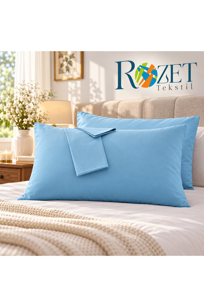 ROZET TEKSTİL 2 ΤΕΜ Μπλε Βαμβακερή Μαξιλαροθήκη - 50x70 cm με Κάλυμμα