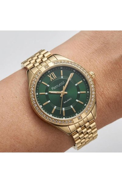 Ferrucci Women's Wristwatch Gold Color Stone Green Dial 2 Years Warranty Fc01...