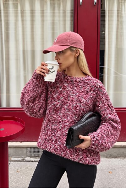 lamea Women's Crew Neck Oversized Knitwear Sweater - Pink Melange