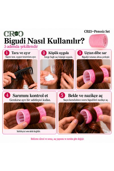 Croc 4lü Büyük Boy Plastik Bigudi Pembe CB23 - Cırtlı Yapışkanlı Saç Bigudisi
