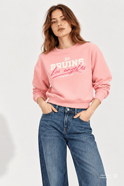 UCLA Mello Pink Crew Neck Crop Printed Loose Fit Women's Sweatshirt