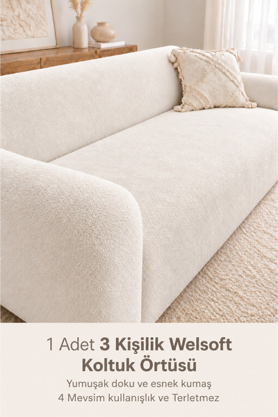BTF HOME Yumuşacık Welsoft Lastikli 3 Kişilik Koltuk Örtüsü Kaymaz, Esnek Yık...