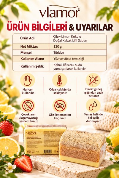 Vlamor Natural Pumpkin Fiber Solid Soap with Strawberry and Lemon Scent 130Gr