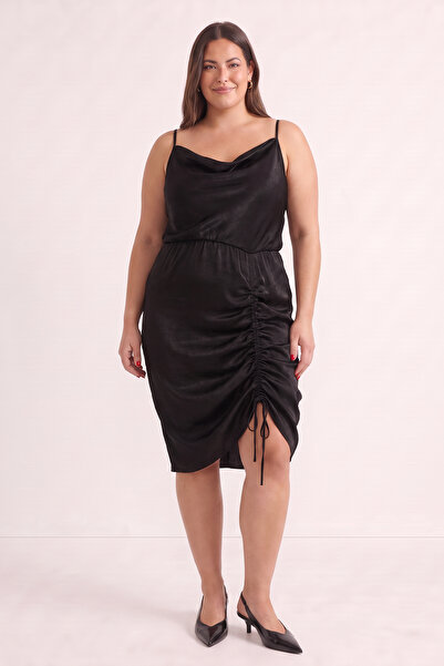 MYLİNE Satin Degaje Neckline Drape Detailed Dress