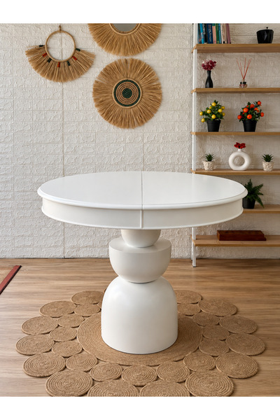 silla Boğum Ayaklı Masa Ahşap Yuvarlak Beyaz Renkli Açılır Masa (ÇAP 100 CM)