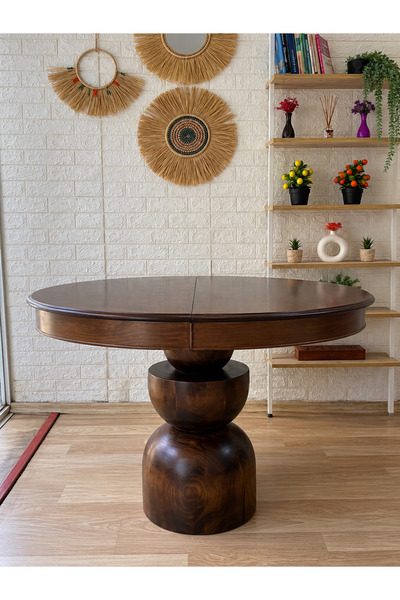 silla Boğum Ayaklı Masa Ahşap Yuvarlak Koyu Ceviz Renkli Açılır Masa (ÇAP 90 CM)