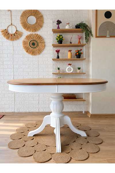 silla Baba Ayaklı Masa Naturel Ahşap Oval Üst Tablalı Beyaz Ayaklı Açılır Mas...