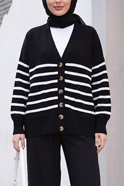 Modamorfo Double Pocket Striped Buttoned Cardigan